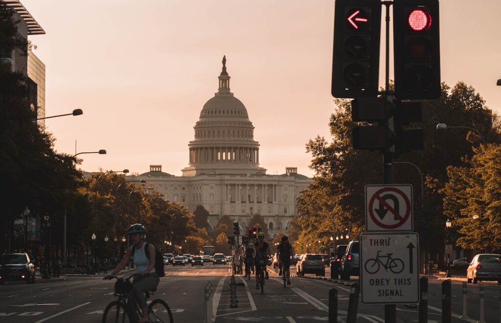 A view of the capitol building down the street in Washington, D.C. USA