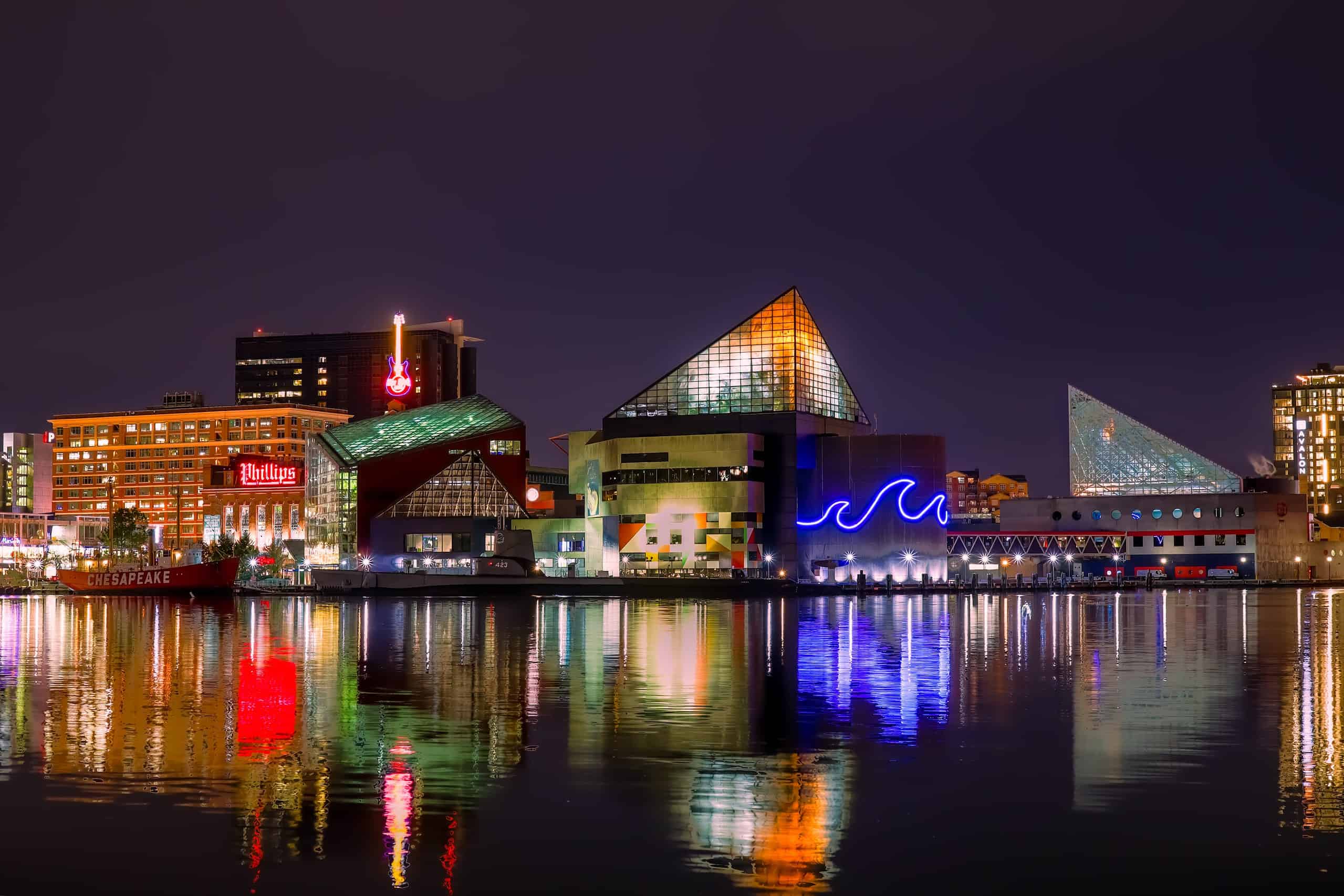 Baltimore skyline reflection at night