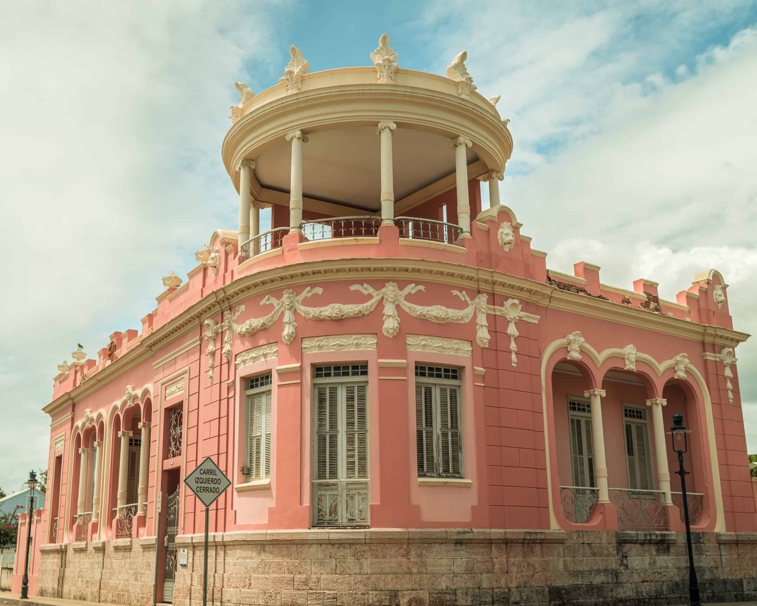 A traditional pink Puerto Rican building.