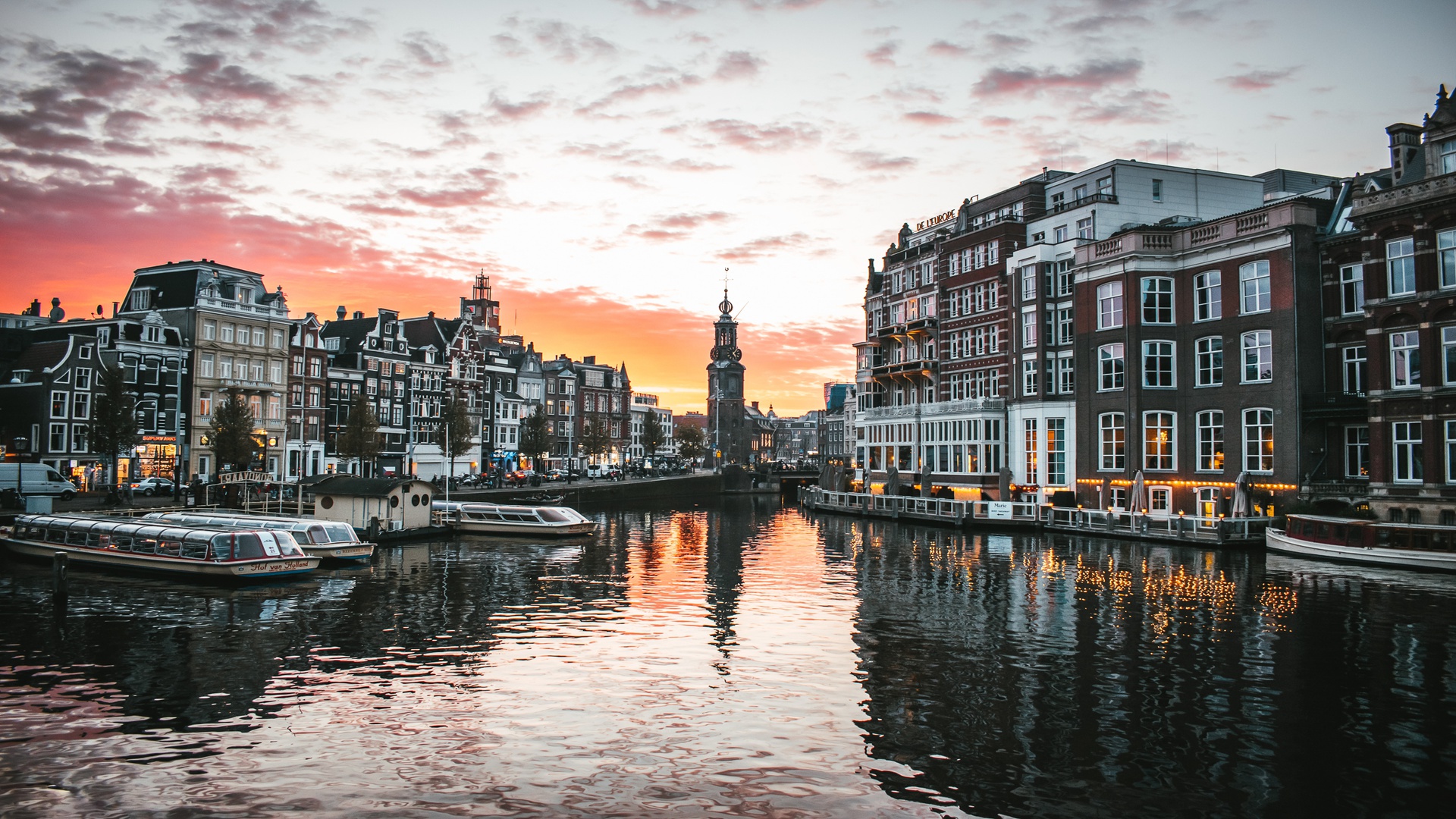 Amsterdam canal at sunset.