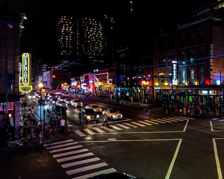 Broadway at night in Nashville, Tennesee