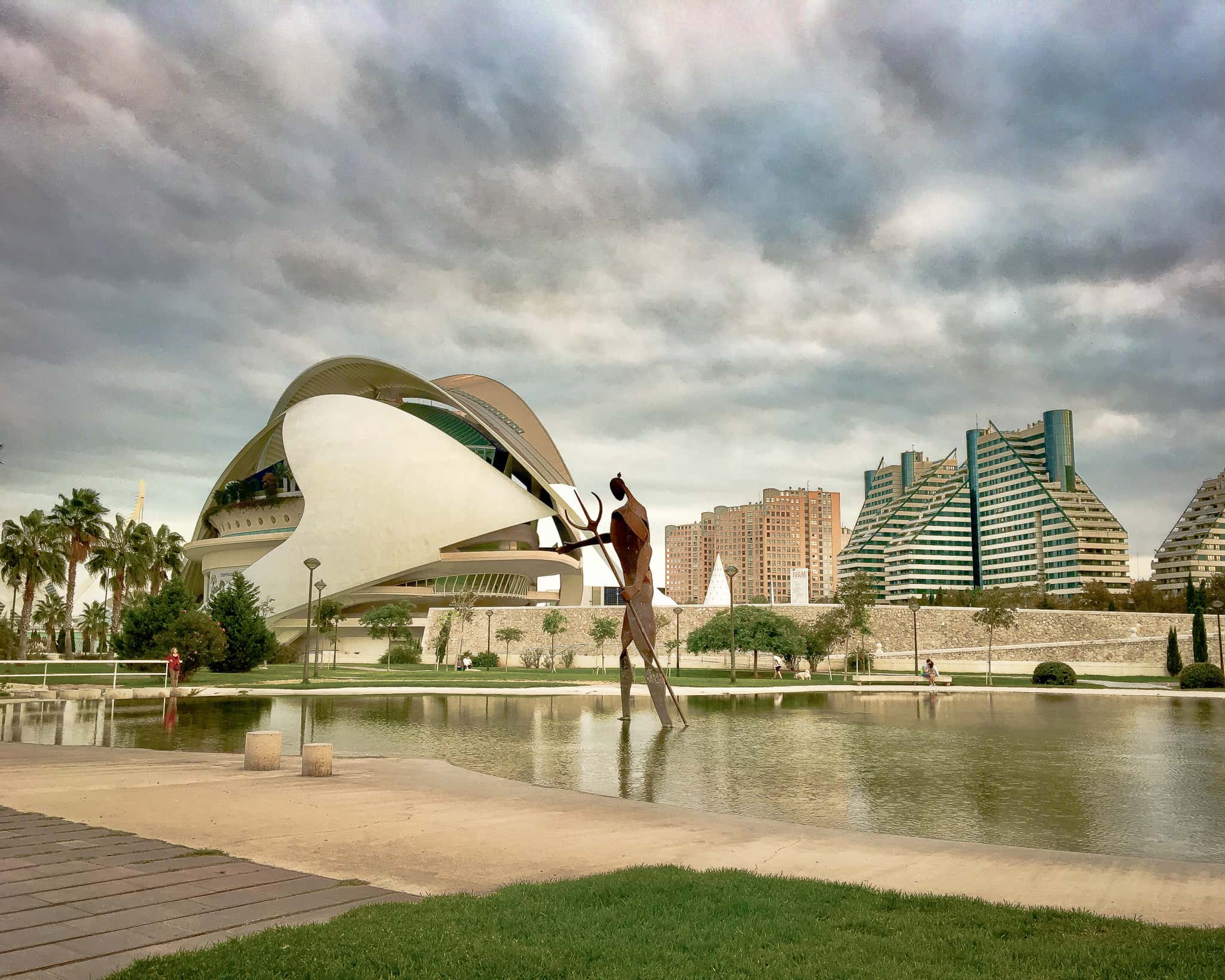 A park with a giant metal statue in Valencia, Spain.