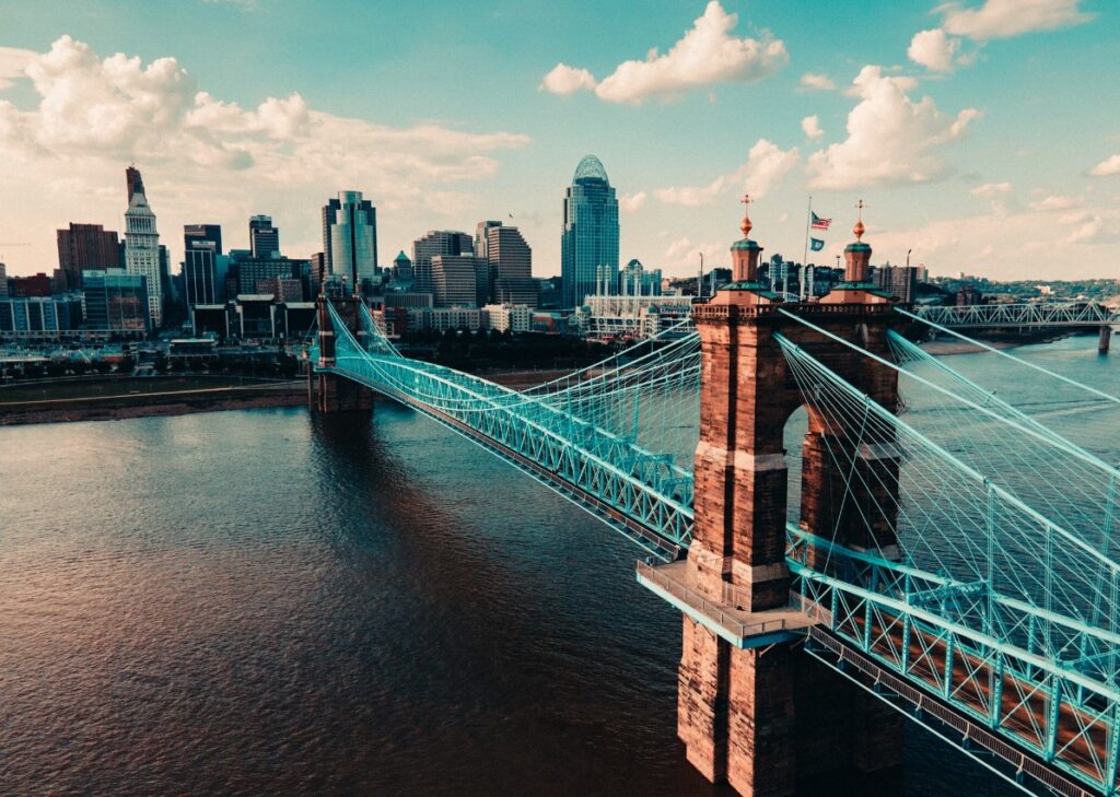 Cityscape of Cincinnati's Roebling bridge, Cincinnati, Ohio