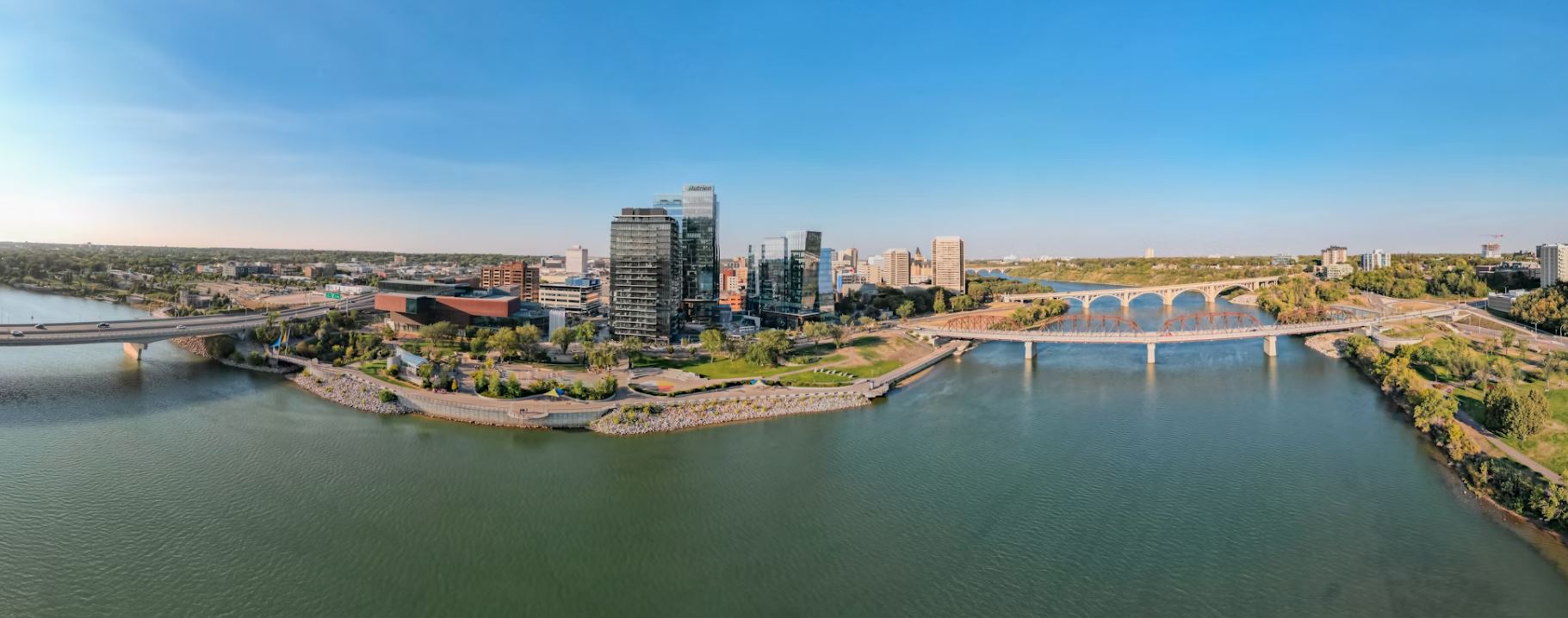 Drone view of River landing in Saskatoon, Canada