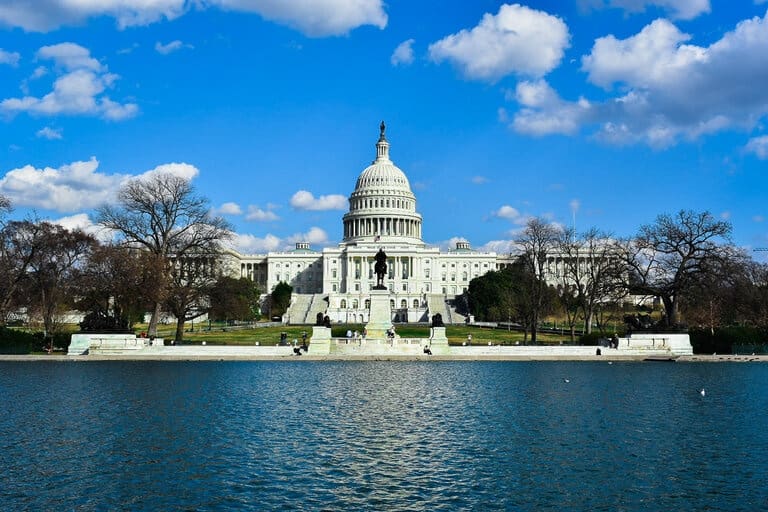 A view of the capitol building down the street in Washington, D.C. USA